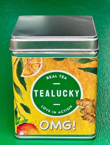 Tealucky tea tin with fruit illustrations on a green background

